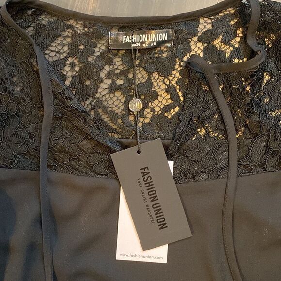 𝅺FASHION Union Chiffon And Lace Dress Black Short Sleeve NWT - Picture 3 of 6